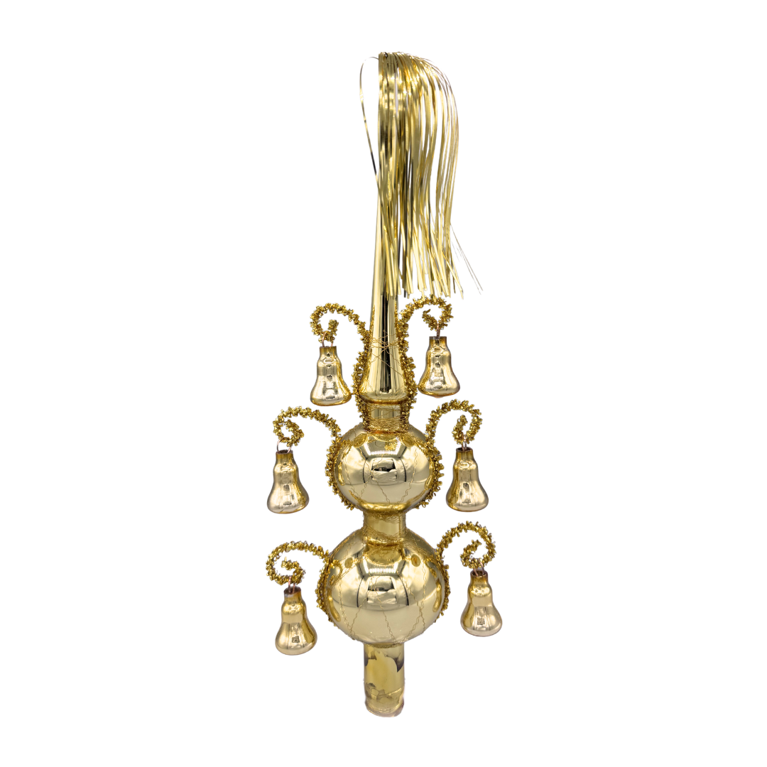 Decorative gold blown glass finial tree topper, with two tiers of spheres with three levels of suspended bells and a tinsel tassel coming out of the pointed top.