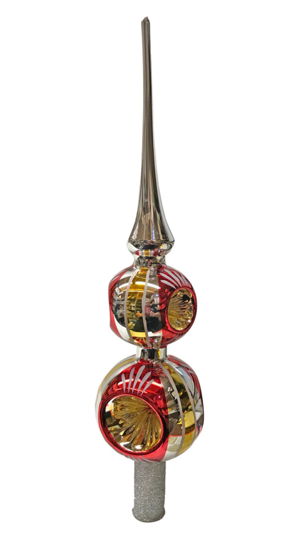 Tri-Color Striped Reflector Ball and Point Finial Tree Topper by Glas Bartholmes