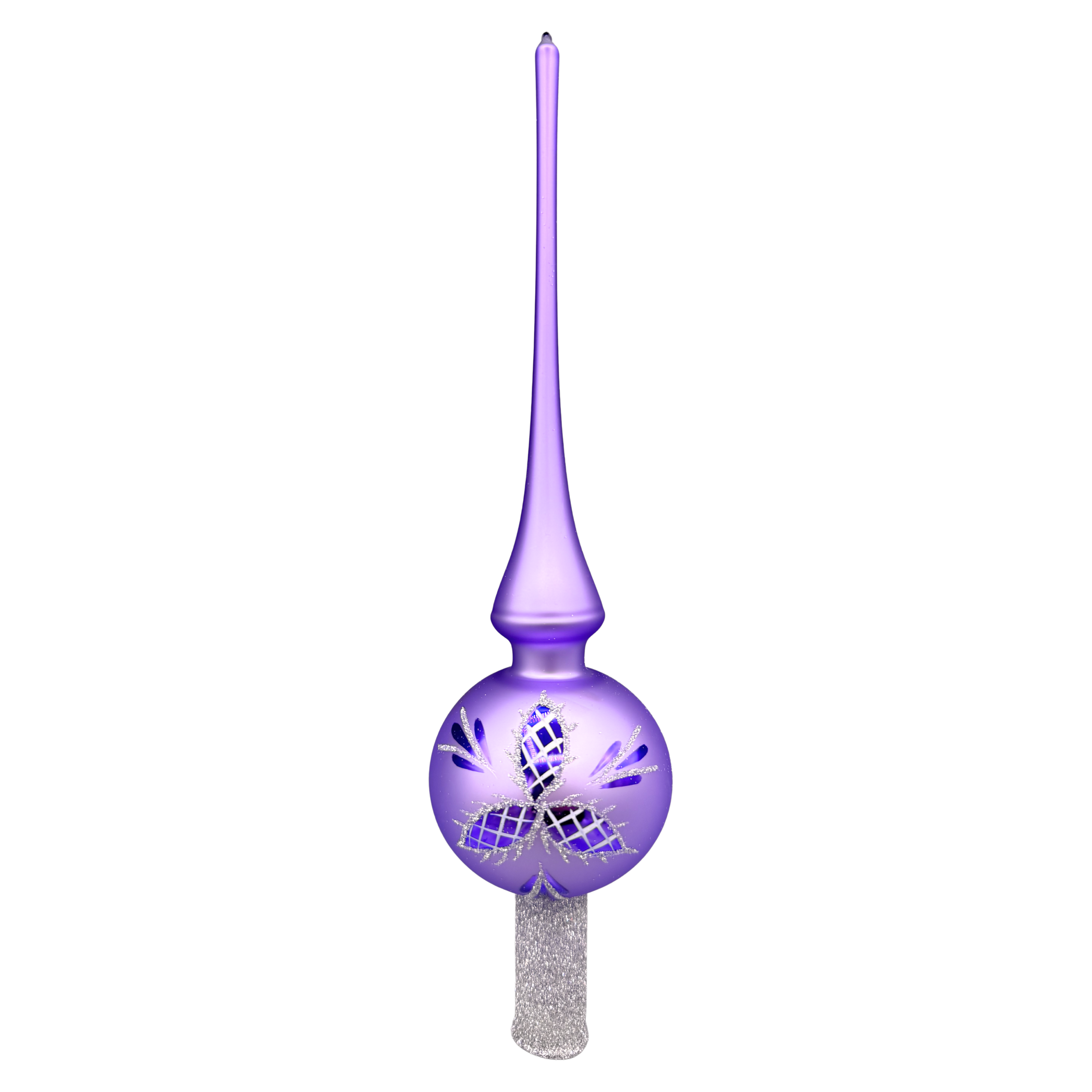 Light purple Christmas tree topper finial with three point floral decorative design in darker purple and silver on a white background