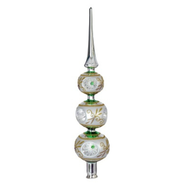 Three Tier Green Capped Reflector Ball and Point Finial, Tree Topper by Glas Bartholmes