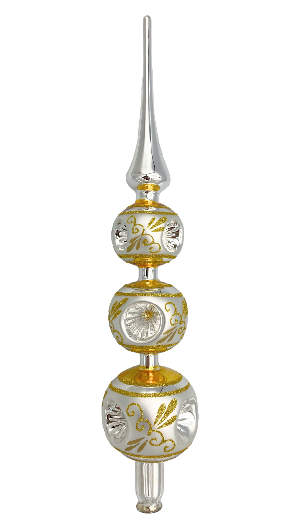 Three Tier Gold Capped Reflector Ball and Point Finial, Tree Topper by Glas Bartholmes