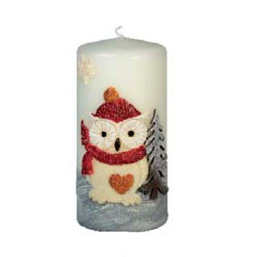 Owl with Red Scarf Stump Candle by EWA Kerzen