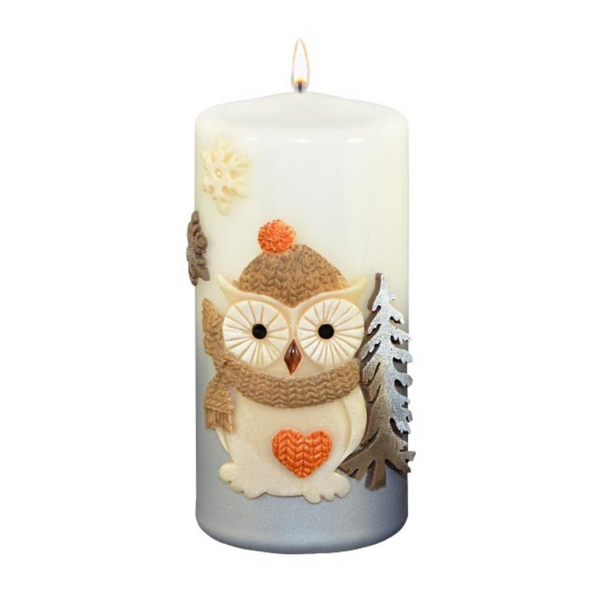 Owl with Brown Scarf Stump Candle by EWA Kerzen