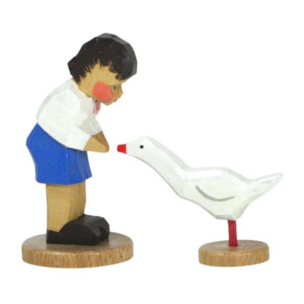 Boy with Goose miniature wood figurine set