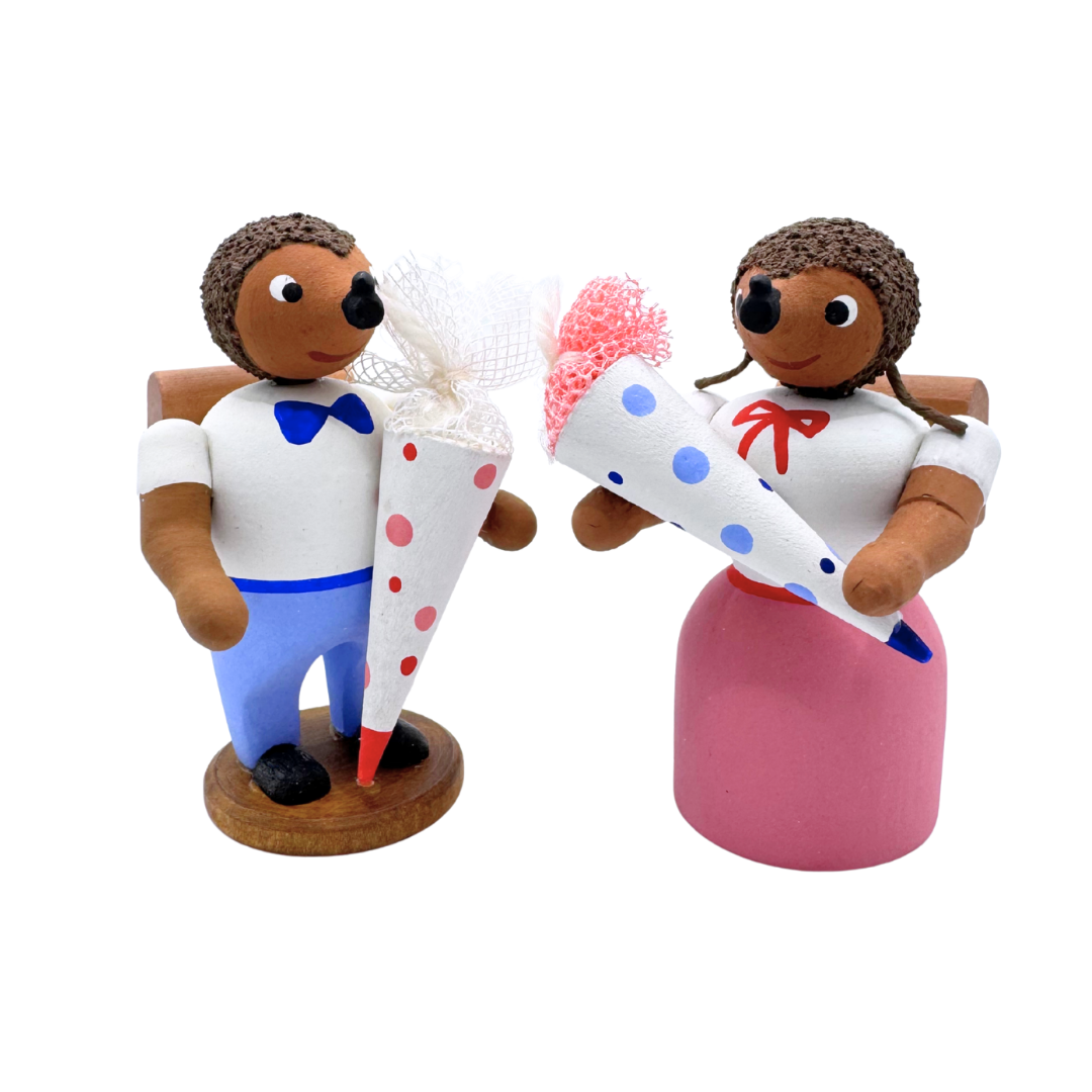 School Children Hedgehogs, pair of wood figures