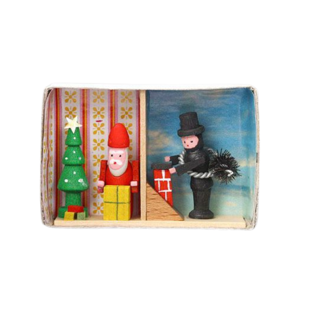 Miniature Matchbox Scene, Santa and Chimney Sweep  by the Gisbert Neuber family in Seiffen