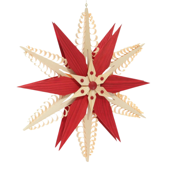 Wooden Star Wall Ornament, 6 curl trees, large star center, natural and red by Martina Rudolph