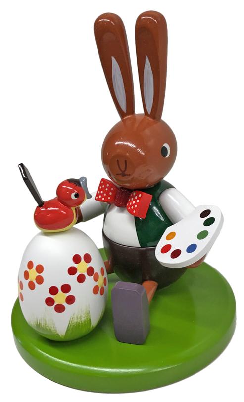 Rabbit Painting Egg with Bird Wooden Figurine by Werkstatten Leichsenring