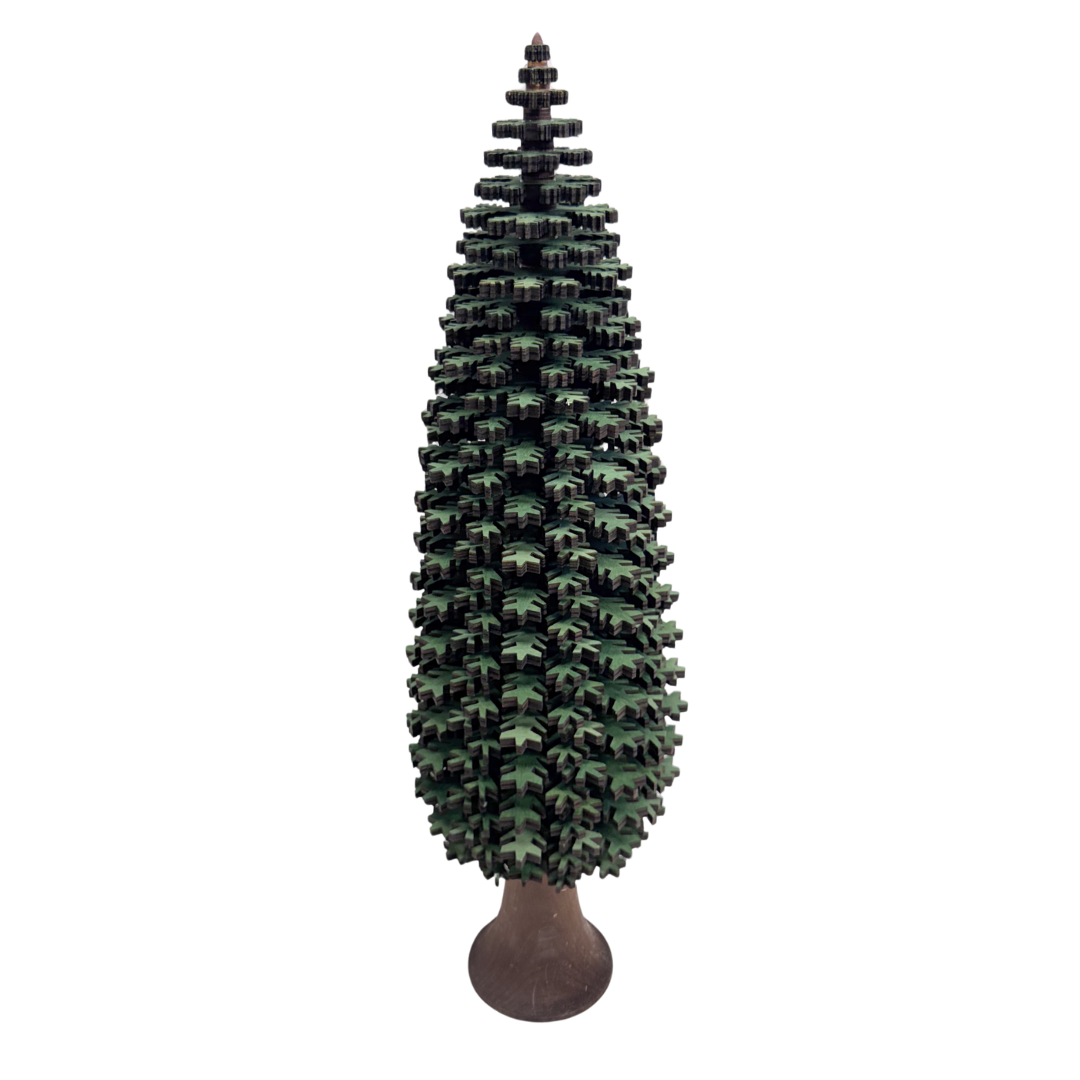 Decorative Christmas tree with a brown base on a white background