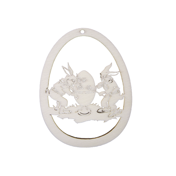Rabbits Painting Egg Wood Ornament by Wandera GmbH