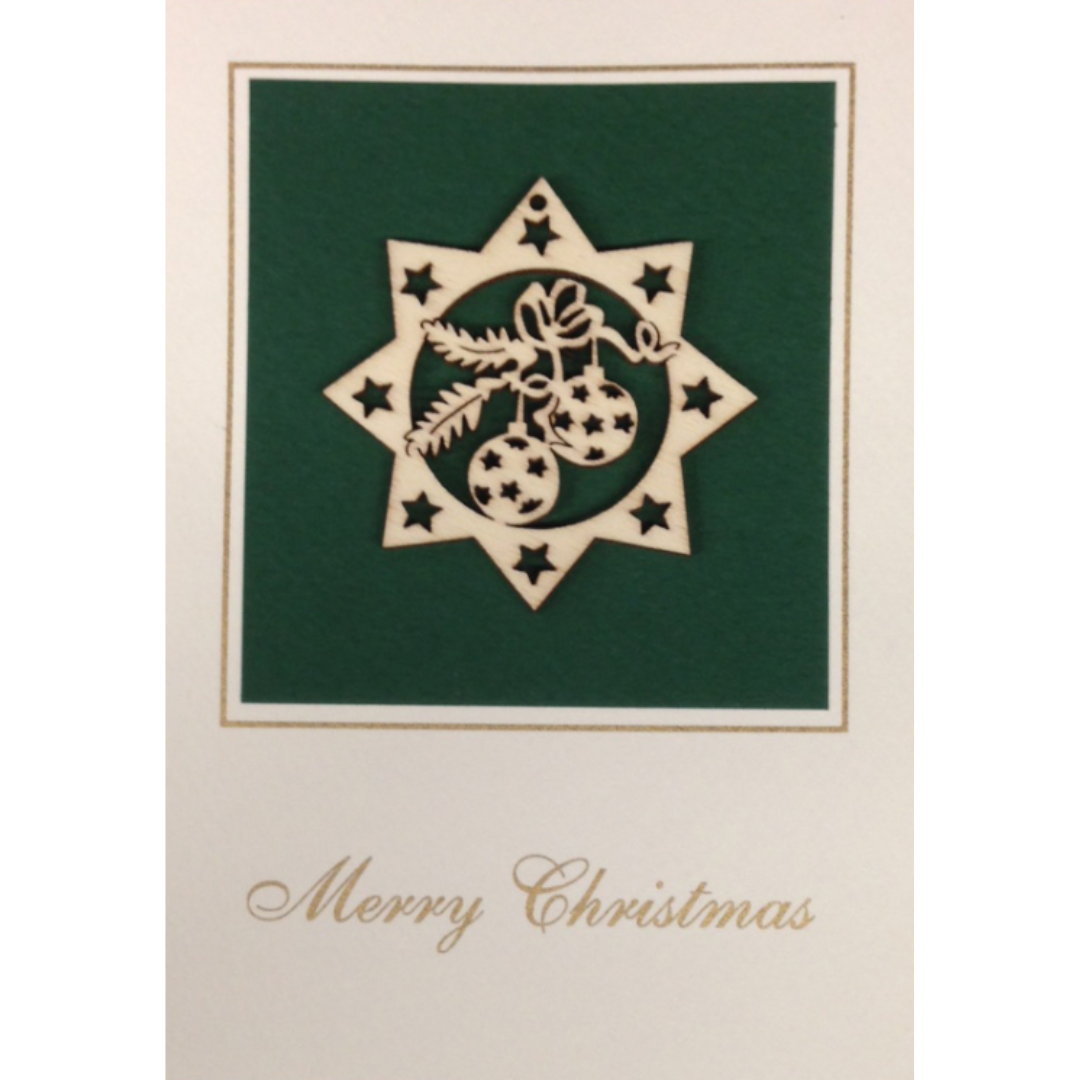 Merry Christmas Postcard with Wood Star and Kugel Ornament by  Wandera GmbH