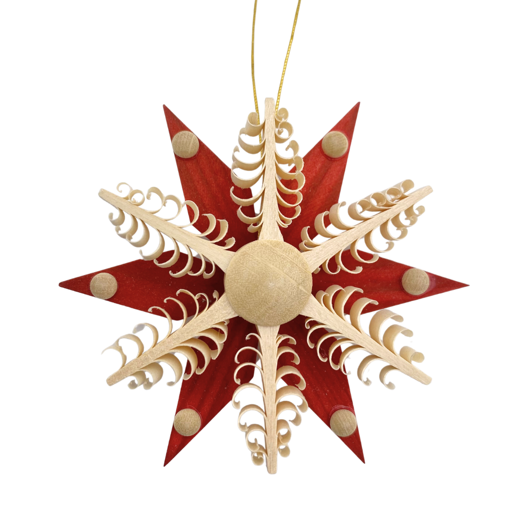 Pine Star with 6 flat tree center, 8cm, natural with red star by Martina Rudolph