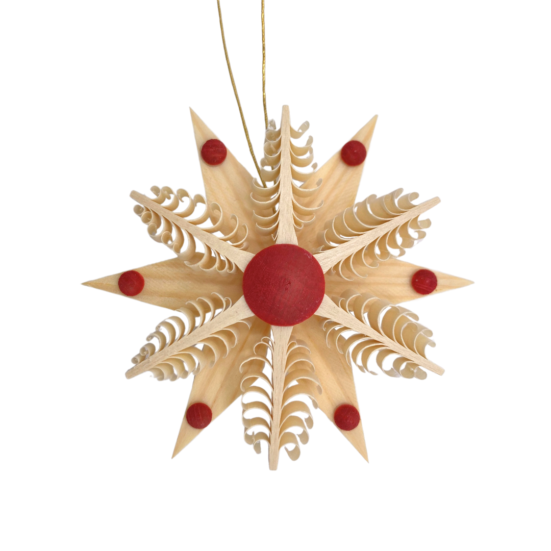 Pine Star with 6 flat tree center, 8cm, natural, red dot accent by Martina Rudolph