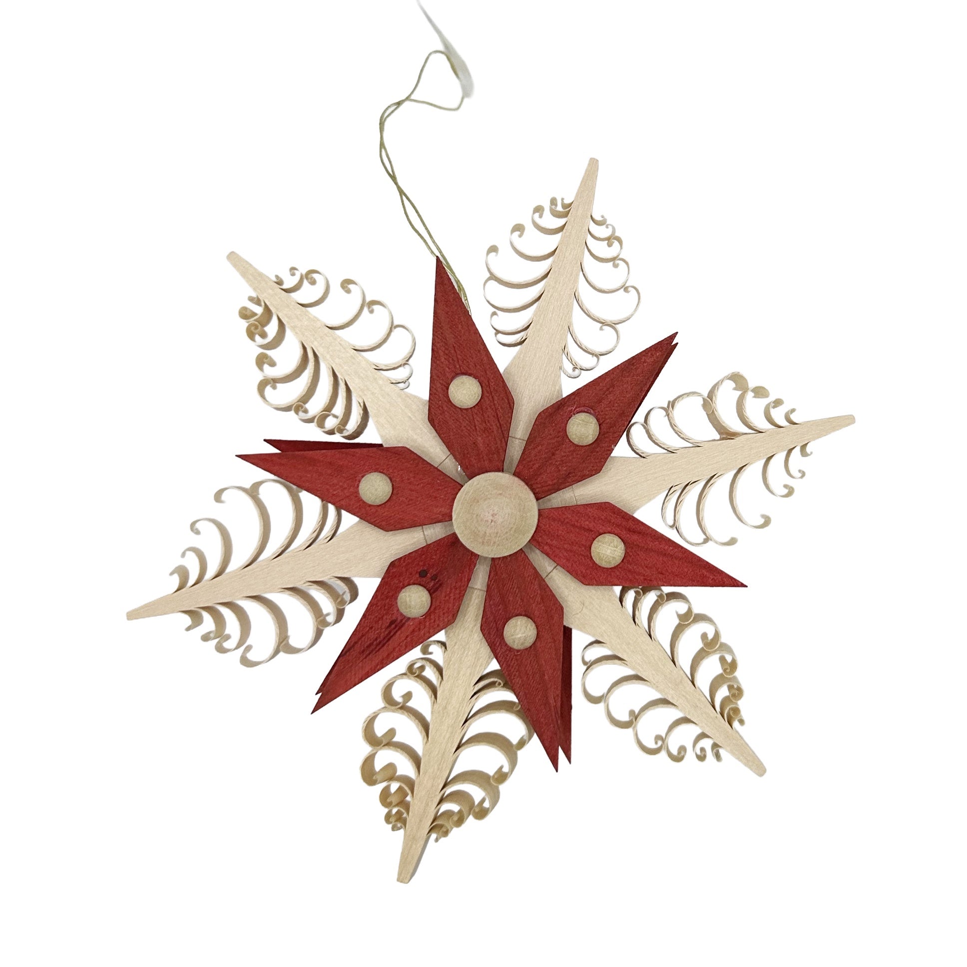 Curled Wood Star Ornament, 6 flat tees, natural star center, red by Kai Rudolph