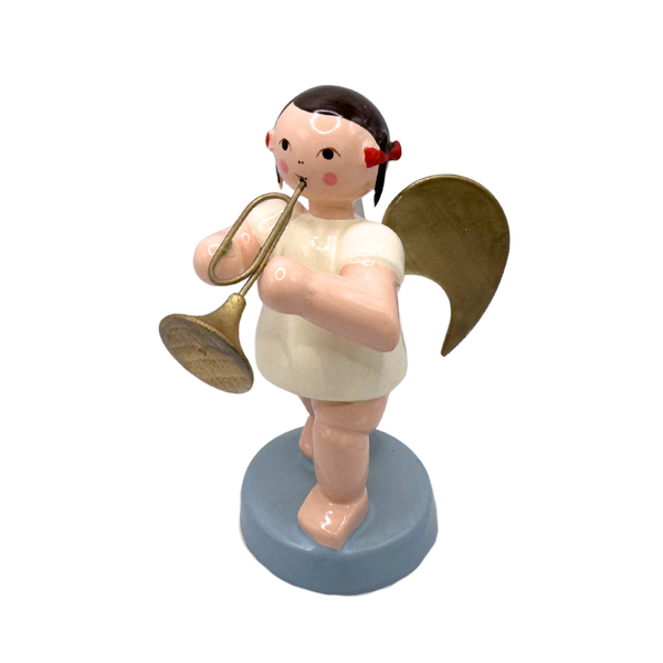 Miniature figure of an angel with gold wings playing a trumpet on a blue base
