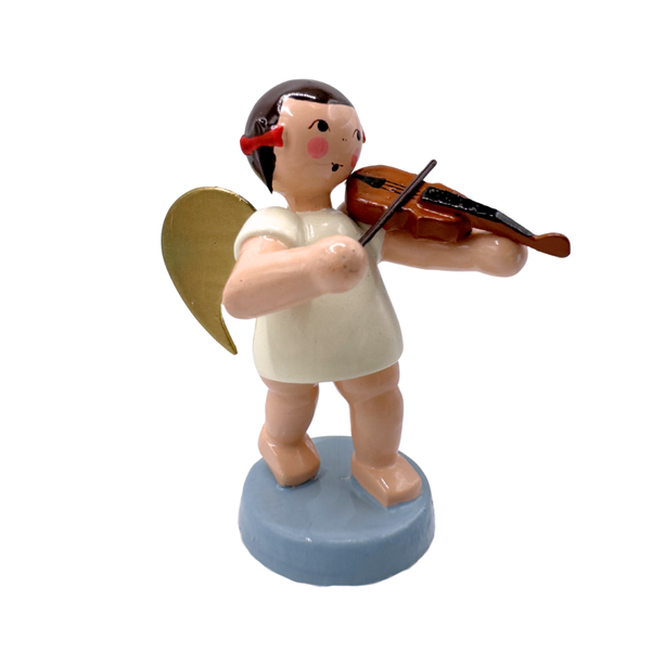 Miniature figure of an angel with gold wings playing a violin on a blue base