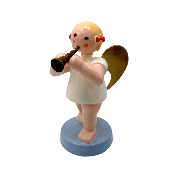 Miniature figure of an angel with gold wings playing a wind instrument on a blue base