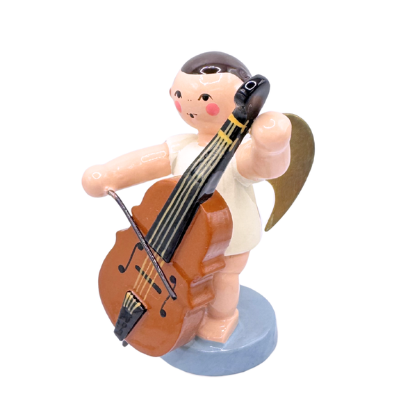 Miniature figure of an angel with gold wings playing a cello on a blue base