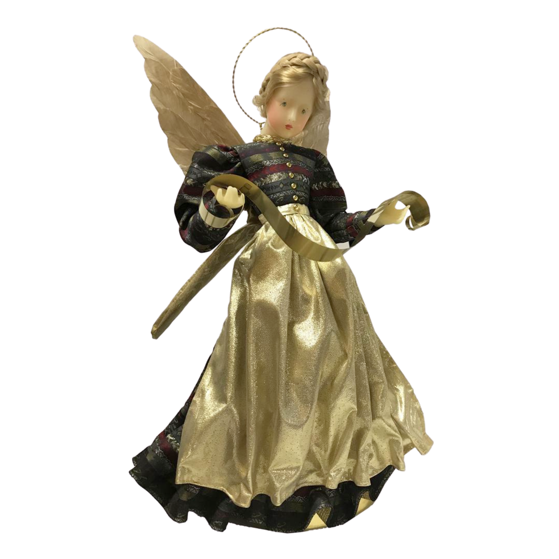 Angel with Braid in Ribboned Fabric Dress with Gold Apron by Lenore Leidel in Iffeldorf