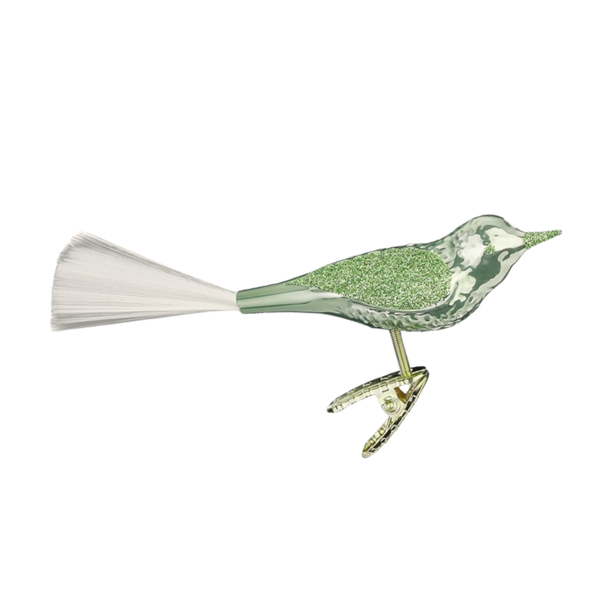 Bird with spun glass tail, sage opal shiny by Inge Glas of Germany