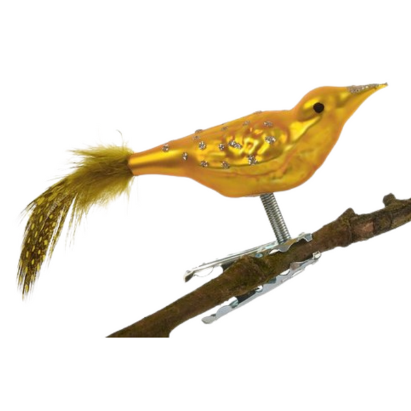 Mini Bird, gold with gold feather tail by Glas Bartholmes