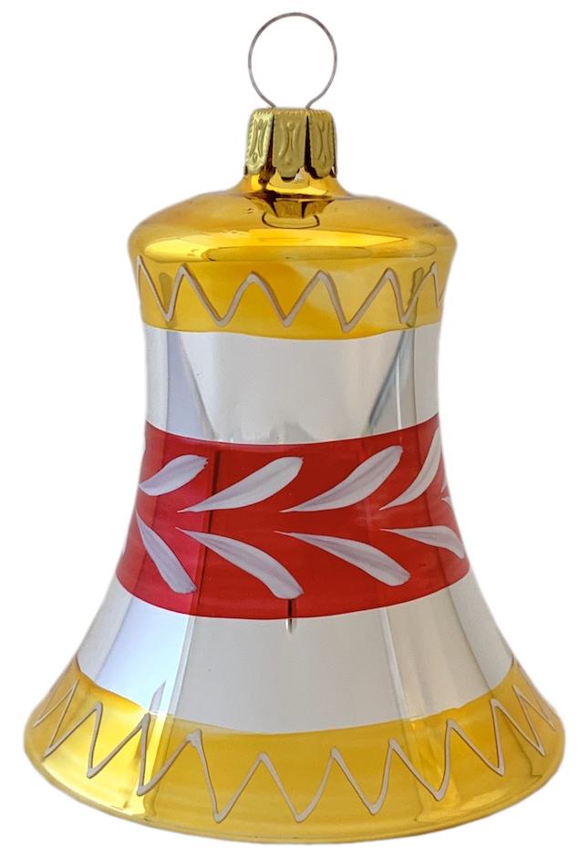 Bell, 7cm, red, gold with stripe and branch by Glas Bartholmes