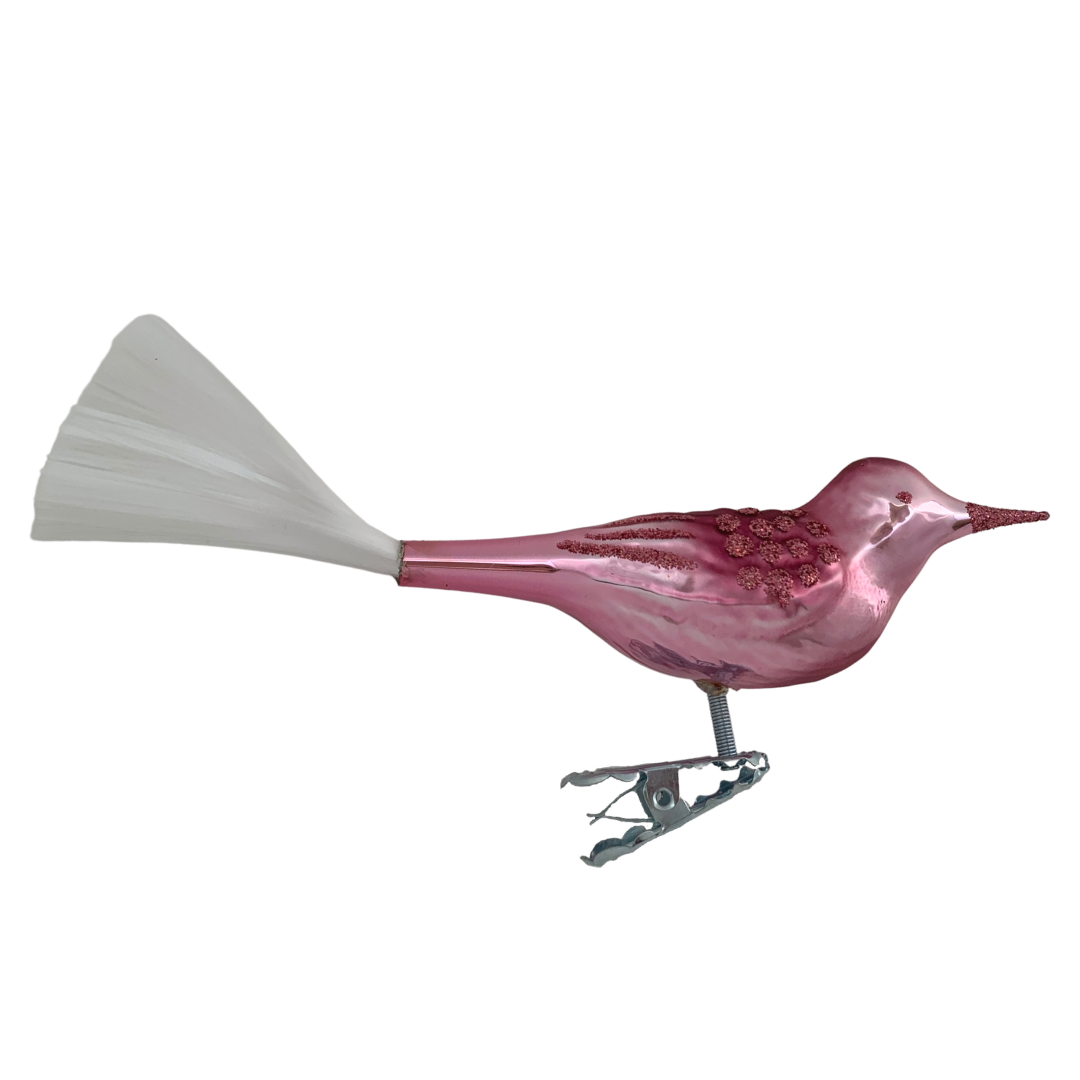 Pink Bird with White Spun Glass Tail by Inge Glas of Germany
