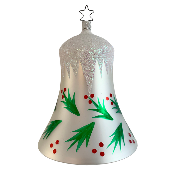 Jolly Bell, white with glitter snow and holly by Inge Glas of Germany