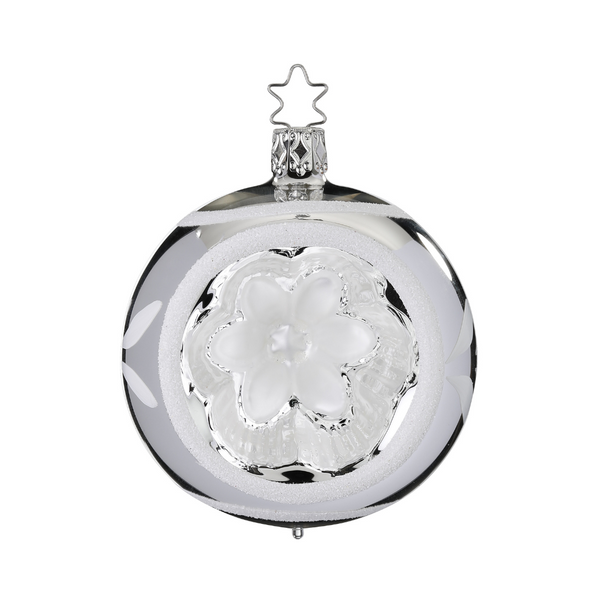 Ornament Reflection, silver, floral center, by Inge Glas of Germany