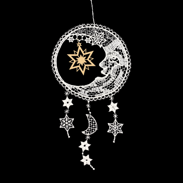 Moon Lace Dangle Ornament with Wood Star by StiVoTex Vogel