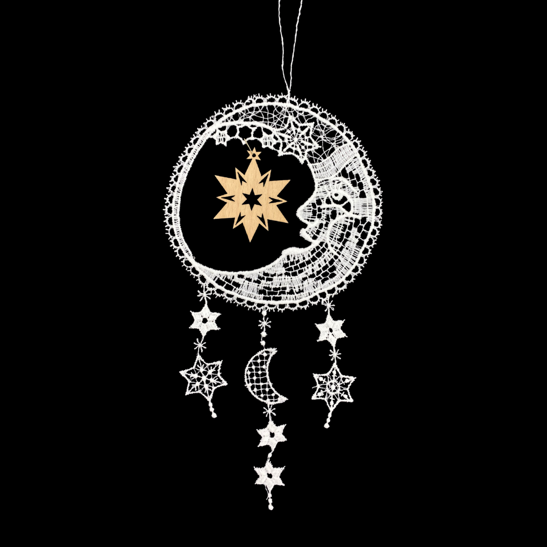 Lace Moon Dangle with Solid Wood Star Ornament by Stickservice Partick Vogel