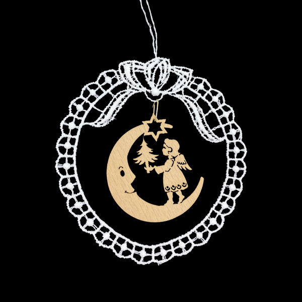 Wood Angel on Moon with Tree in Lace Circle, StiVoTex by Vogel