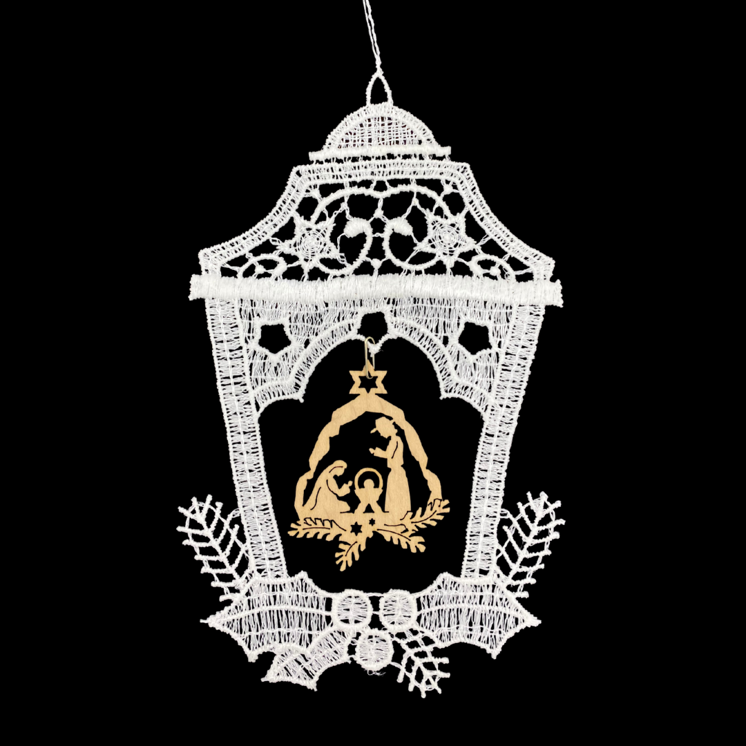 Lace Lantern with Wood Nativity Ornament by StiVoTex Vogel