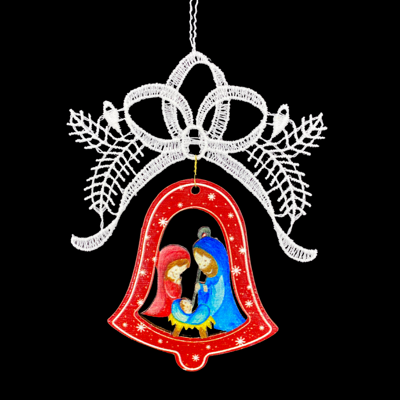 Lace Ornament with Wooden Holy Family Bell by StiVoTex Vogel