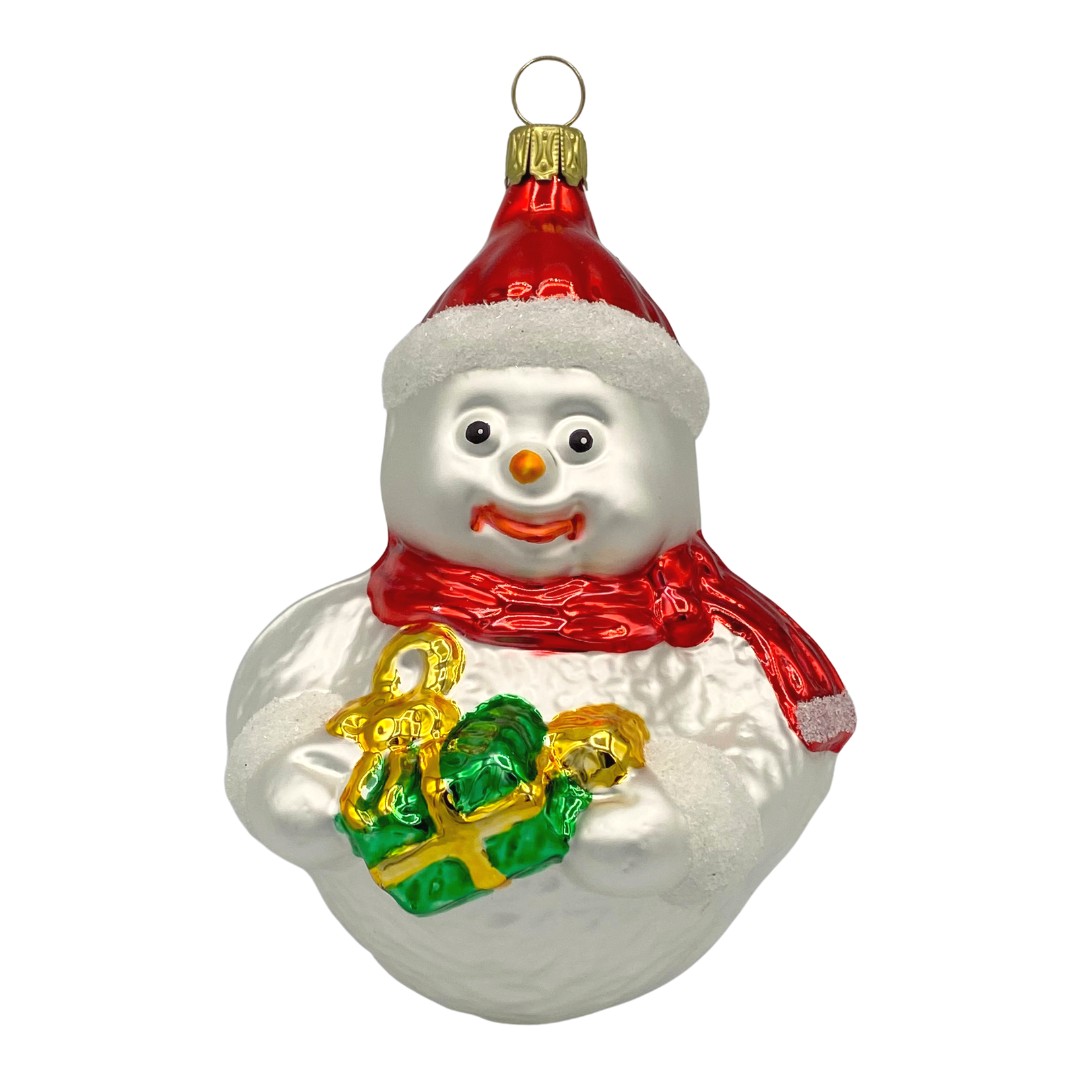Fat Snowman with Scarf and Gift, Ornament by Glas Bartholmes