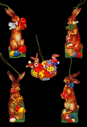 Package of 5 Victorian Style Rabbits with Eggs Scrap Rabbit Gift Tags by Ernst Freihoff