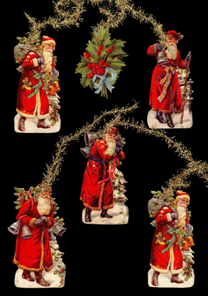 Package of 6 Victorian Style Scrap Red Cloaked Santa Ornaments by Ernst Freihoff