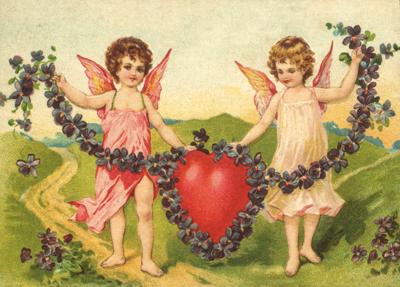 Vintage Style Angels with Violets and Heart Postcard by Ernst Freihoff Papierwaren