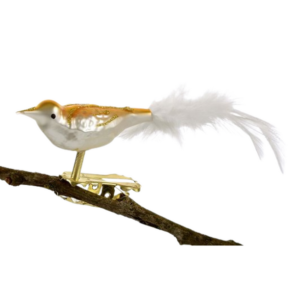 Mini Bird with feather tail, matte white and gold by Glas Bartholmes