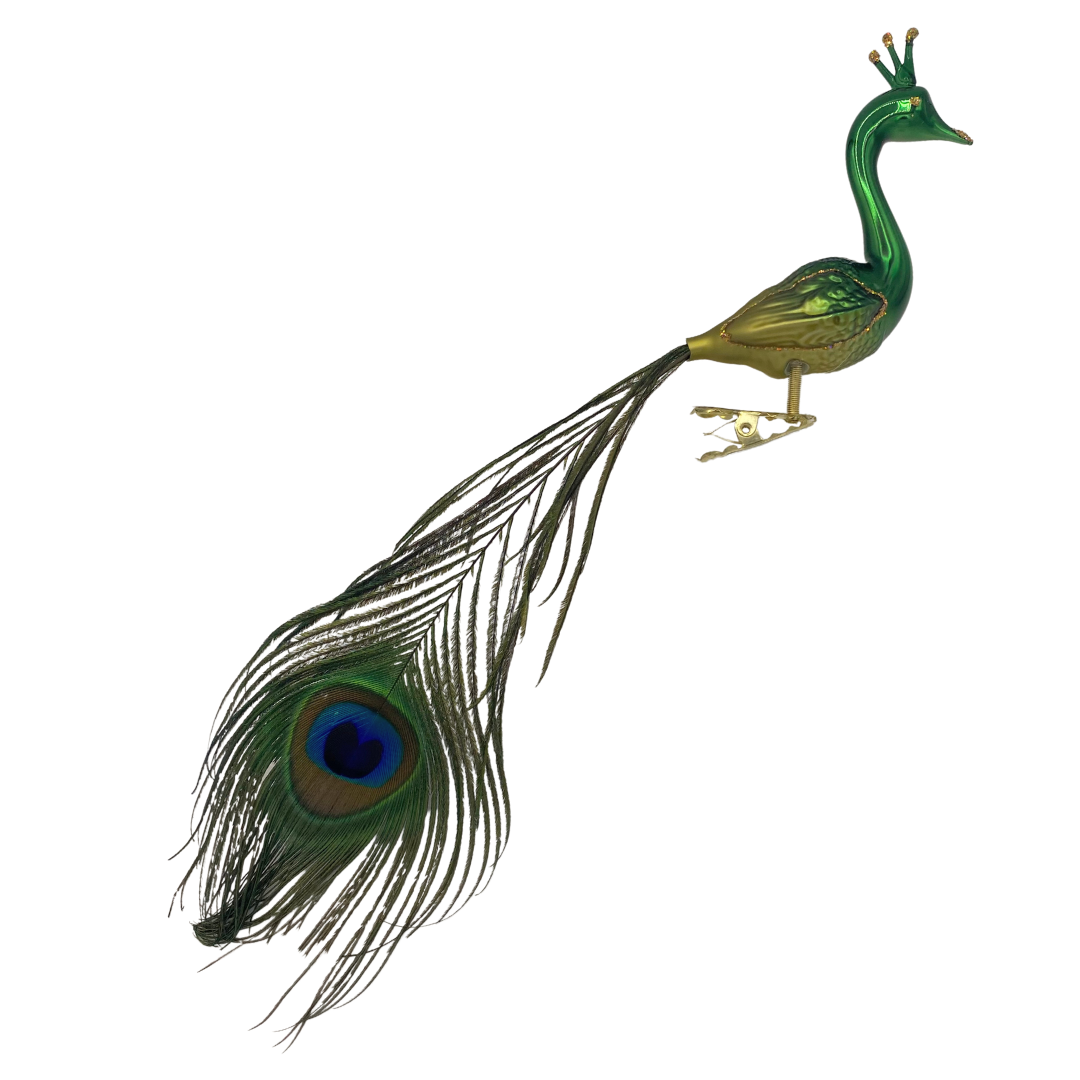 Green Peacock with Flair and Real Feather by Glas Bartholmes