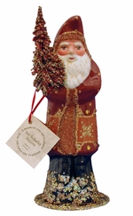 Matte Red with Brown Stripe and Gold Decor Santa Papier Mache Candy Container by Ino Schaller