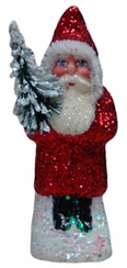 Mini Red Glittered Santa on a White Base Paper Mache Figurine by Ino Schaller
