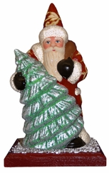 Santa in Red Coat with Molded Tree on Wood Base Paper Mache Candy Container
