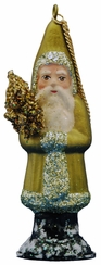 Santa in Olive Green Coat with Gold Tree Paper Mache Ornament by Ino Schaller
