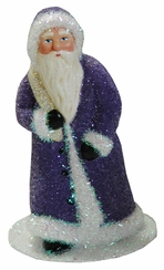 Santa in Lavender Coat, Walking, Paper Mache Candy Container by Ino Schaller