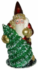 Red with Molded Green Tree and Gold Stars Santa Paper Mache Candy Container