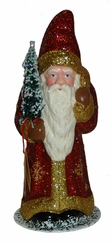 Red Glitter Santa with Gold Bag Paper Mache Candy Container by Ino Schaller