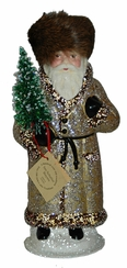 Russian Latte Glitter with Fur Santa Paper Mache Candy Container by Ino Schaller