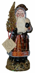 Brown Santa with Gold and Cream Bag, Paper Mache Candy Container by Ino Schaller
