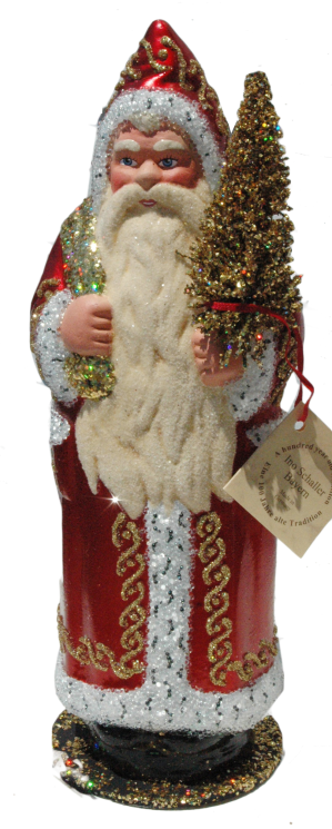 Santa, Red Shiny Coat with Ermine Edge and Gold Lines Paper Mache Candy Container by Ino Schaller